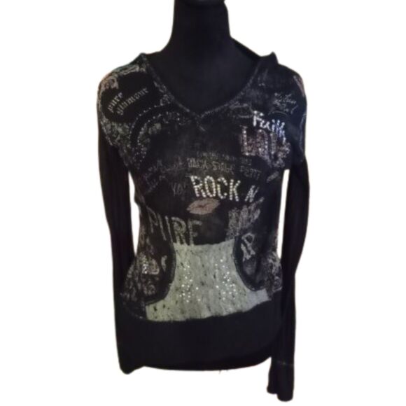 Bongo Women's Size Large Black Hooded Top - Vintage - Picture 1 of 7